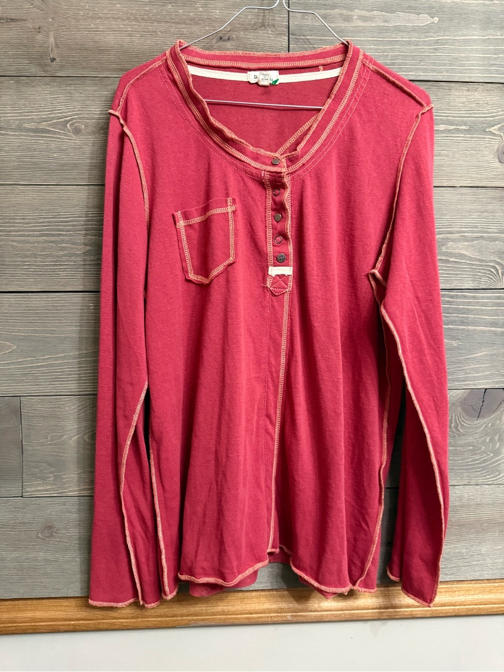 POL Long-Sleeve Henley Top in Deep Raspberry with Contrast Stitching